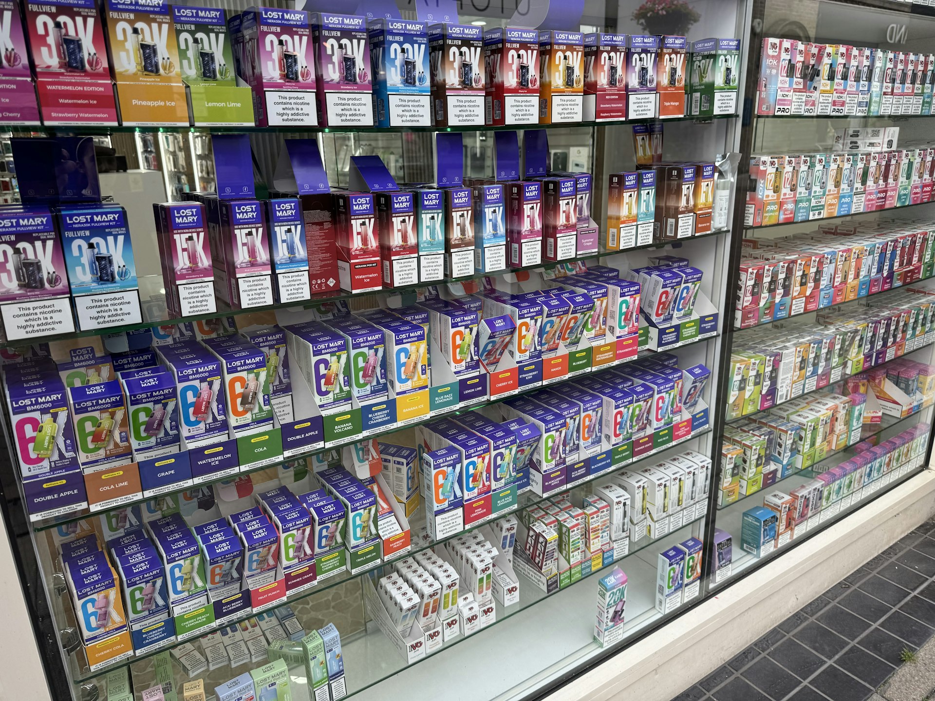 Vapes lining the window of one of Ipswich's many high street vape stores